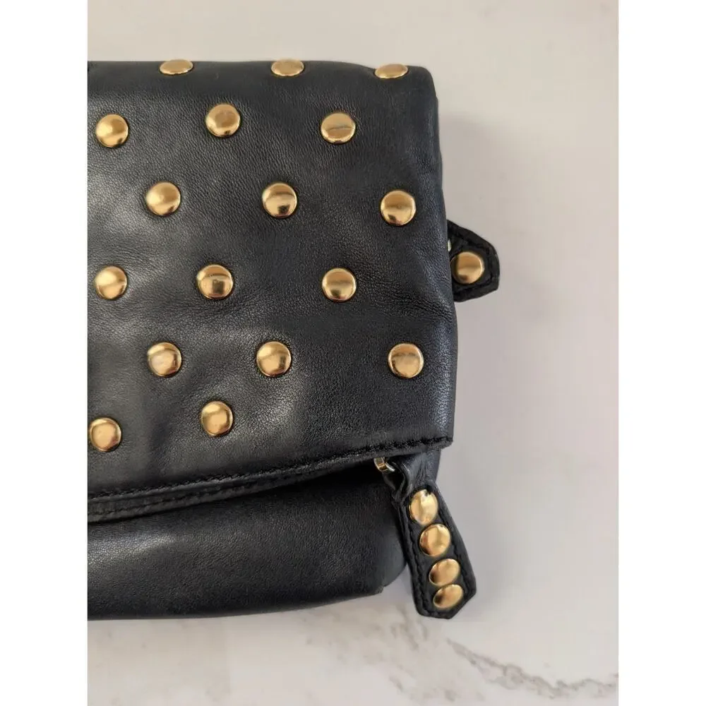 Besso Black Leather Clutch Gold Studded Buckle Fold Over Bag 10.5x6 Grunge...